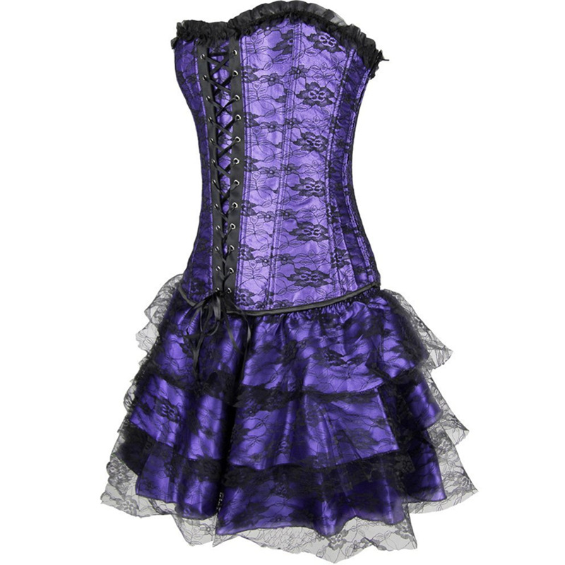 F3243-3 Purple Women Layered Lace Up Bone Corsets Floral Corset